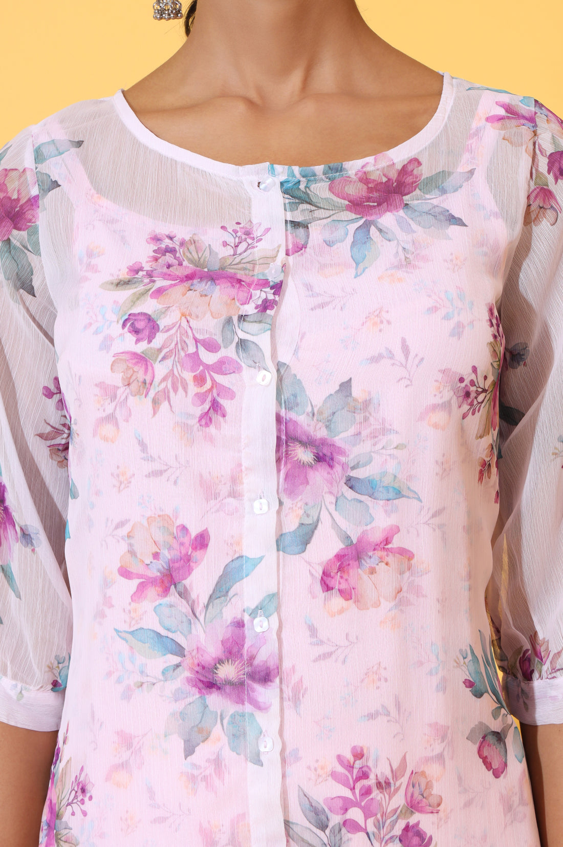 Purple Floral Printed Chiffon Kurti with Spaghetti Top