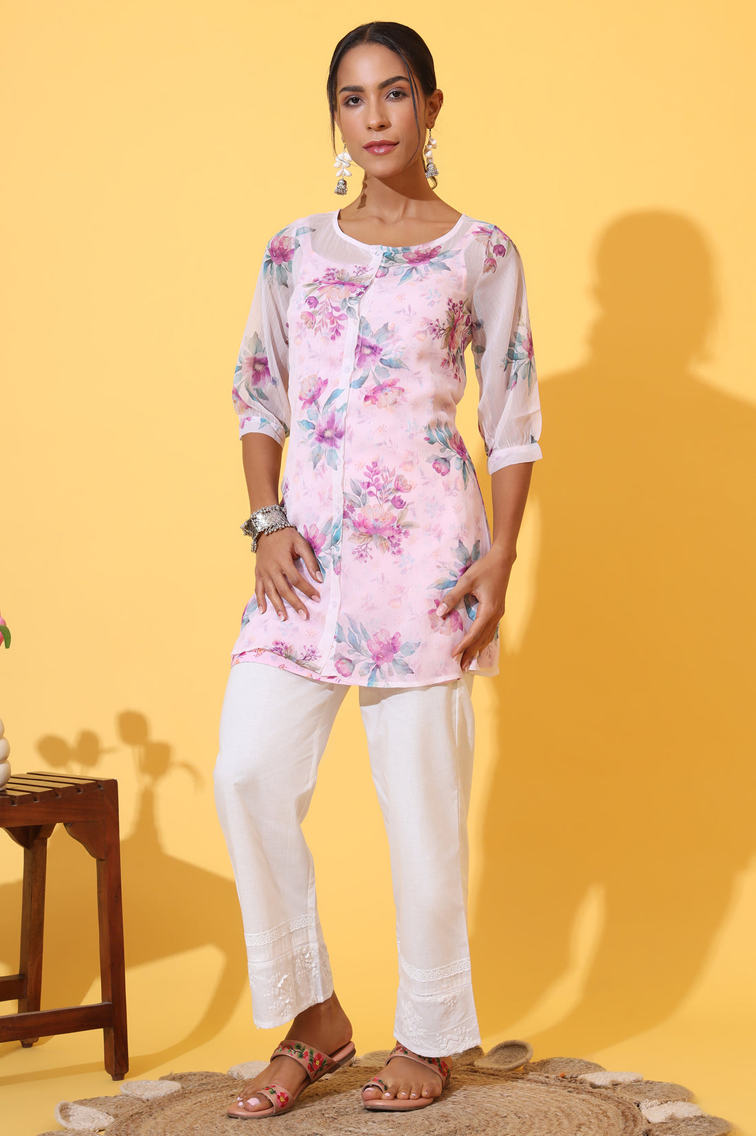 Purple Floral Printed Chiffon Kurti with Spaghetti Top