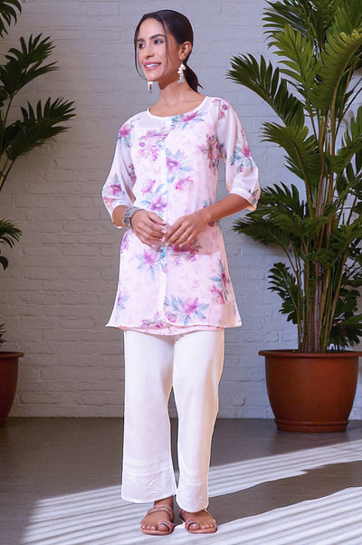 Purple Floral Printed Chiffon Kurti with Spaghetti Top