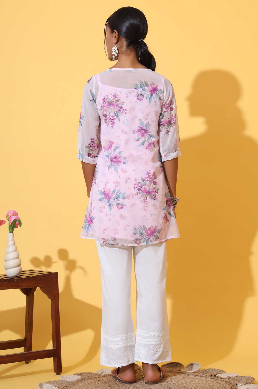 Purple Floral Printed Chiffon Kurti with Spaghetti Top