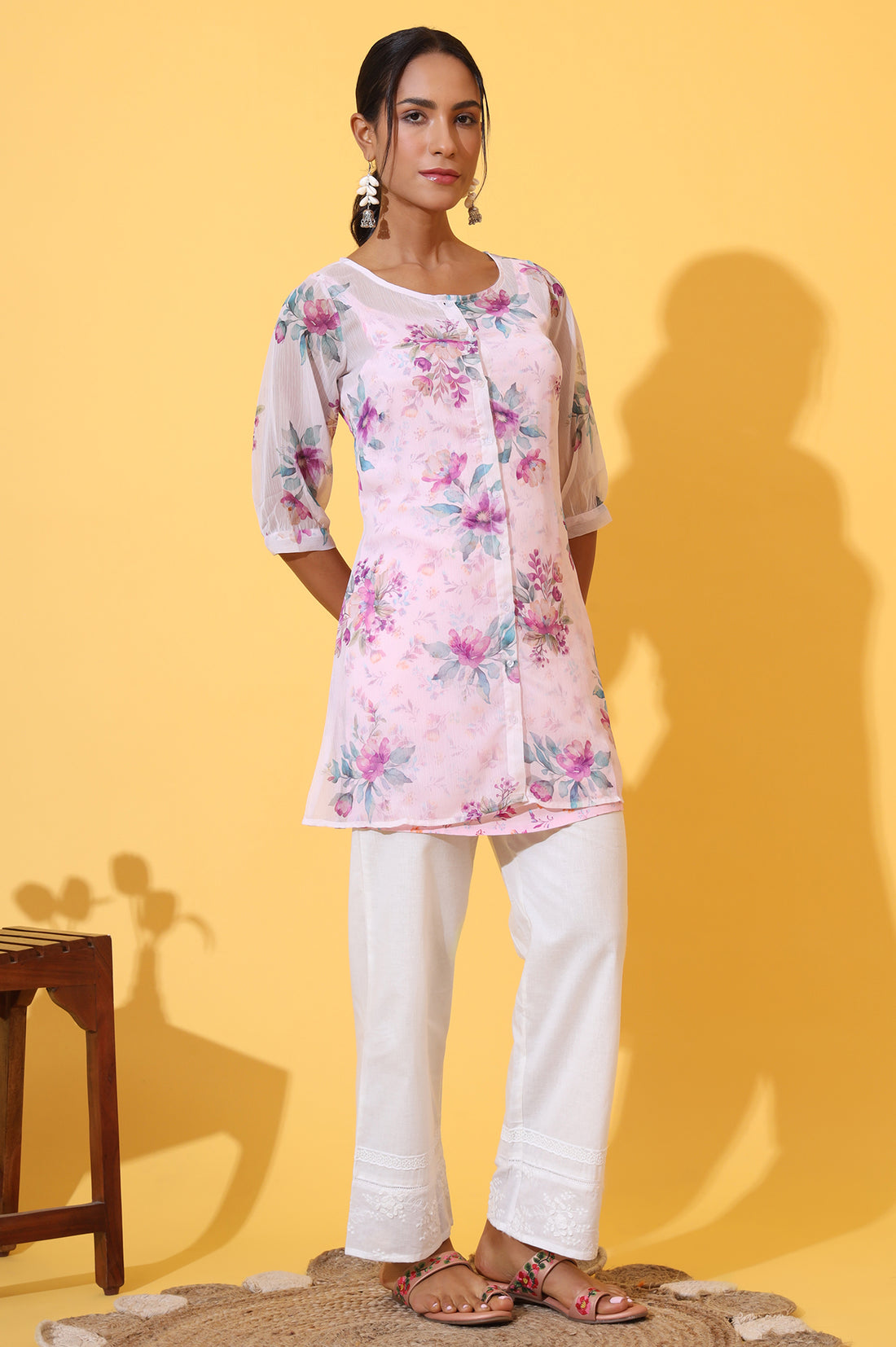 Purple Floral Printed Chiffon Kurti with Spaghetti Top