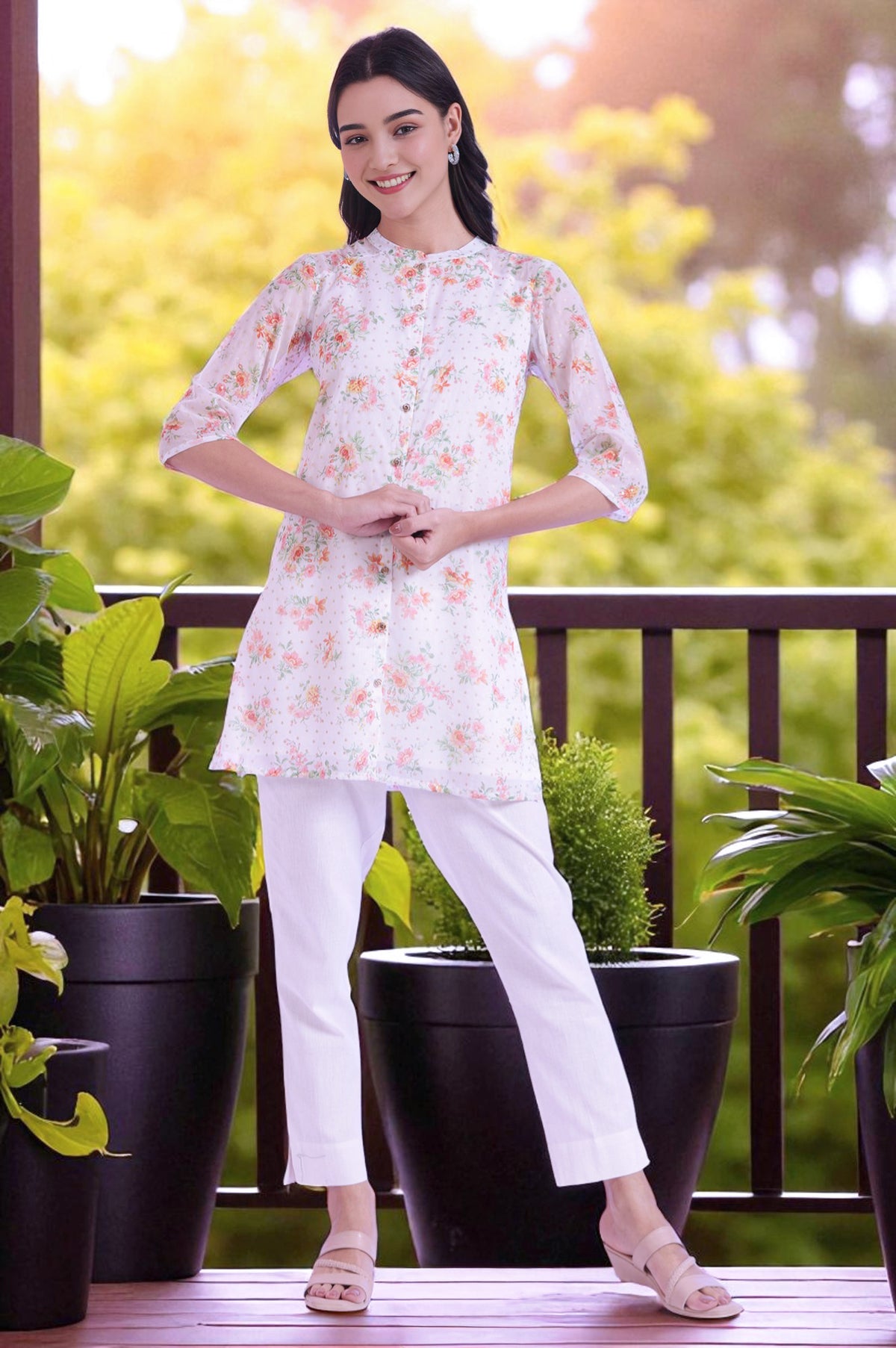 White Printed Straight Kurti - XS