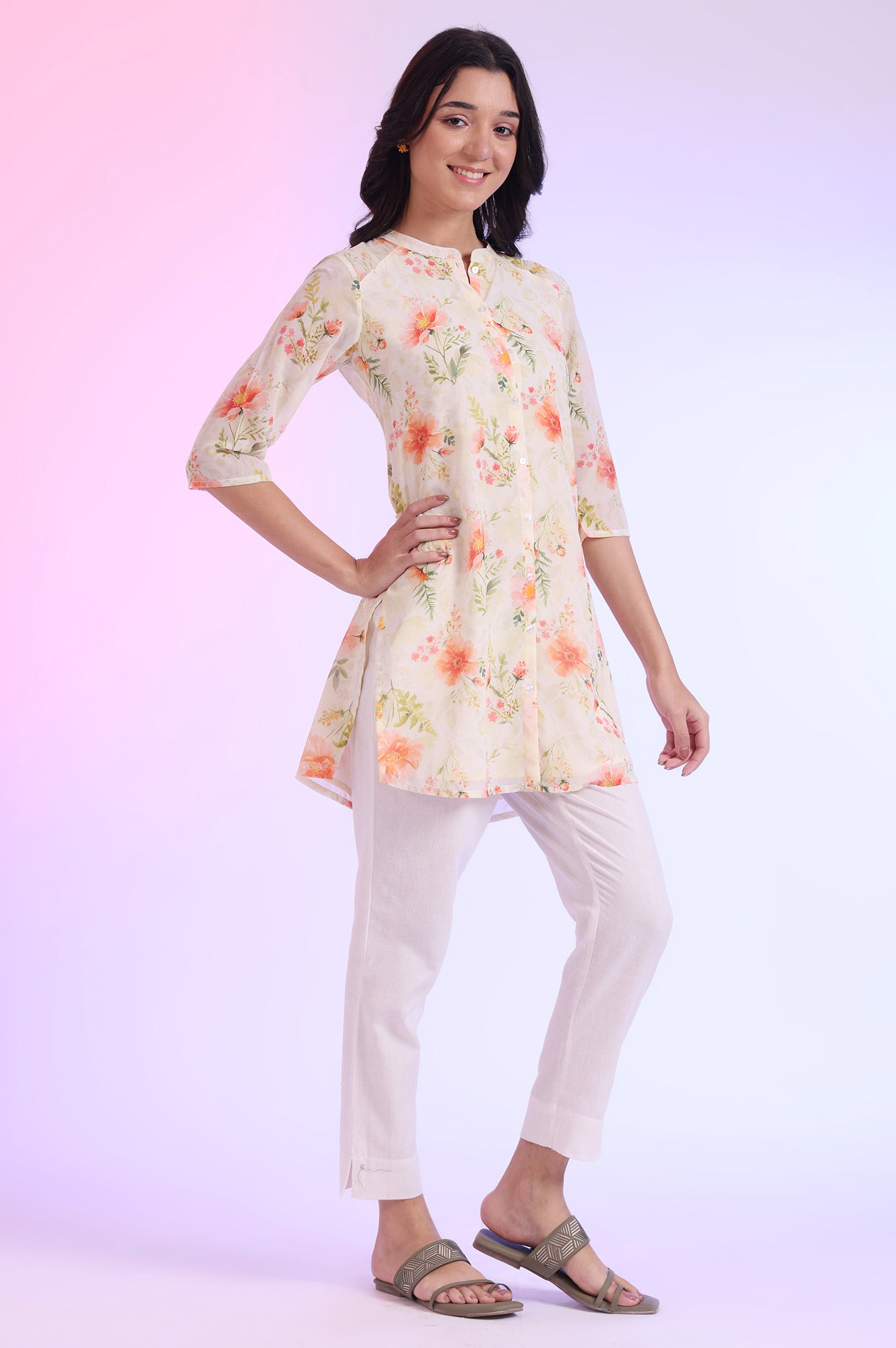 Yellow Printed Straight Kurti