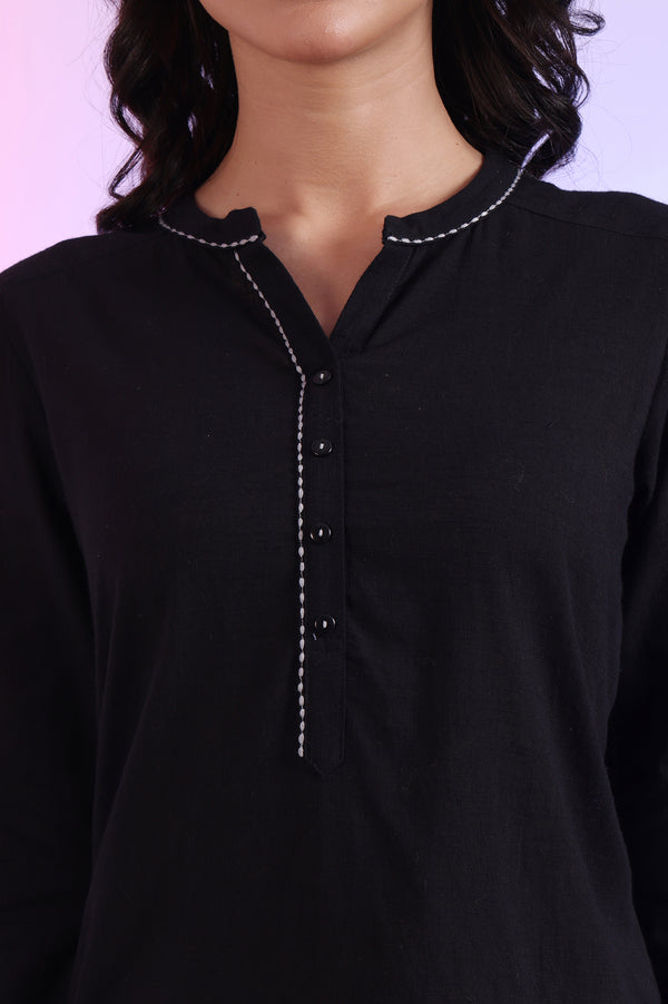 Black Solid Straight Pure Cotton Kurti