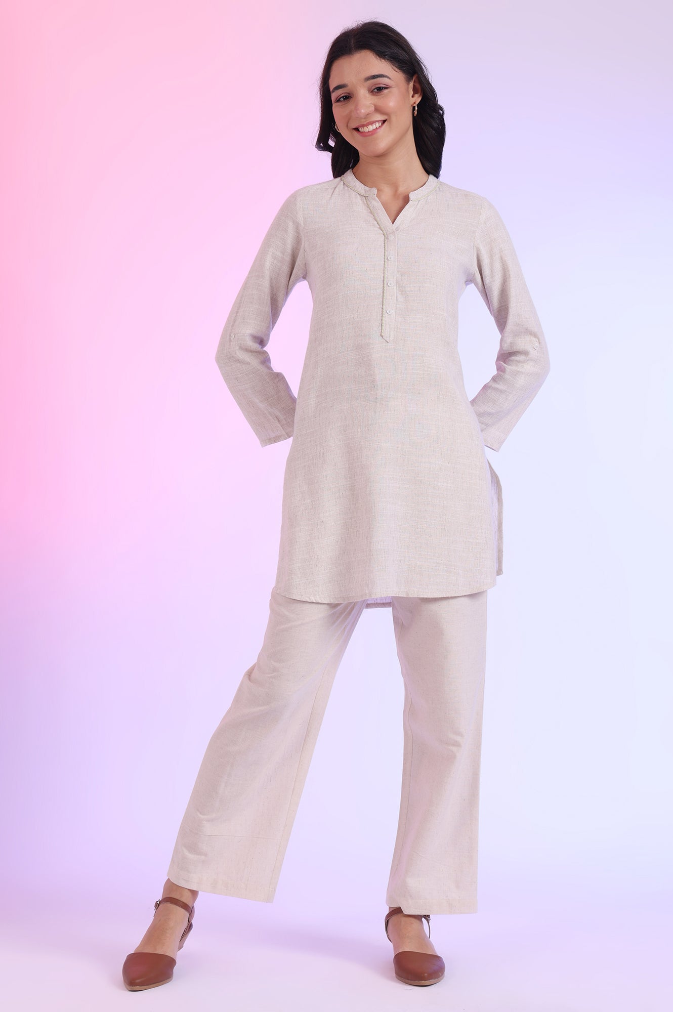 Off White Solid Straight Kurti