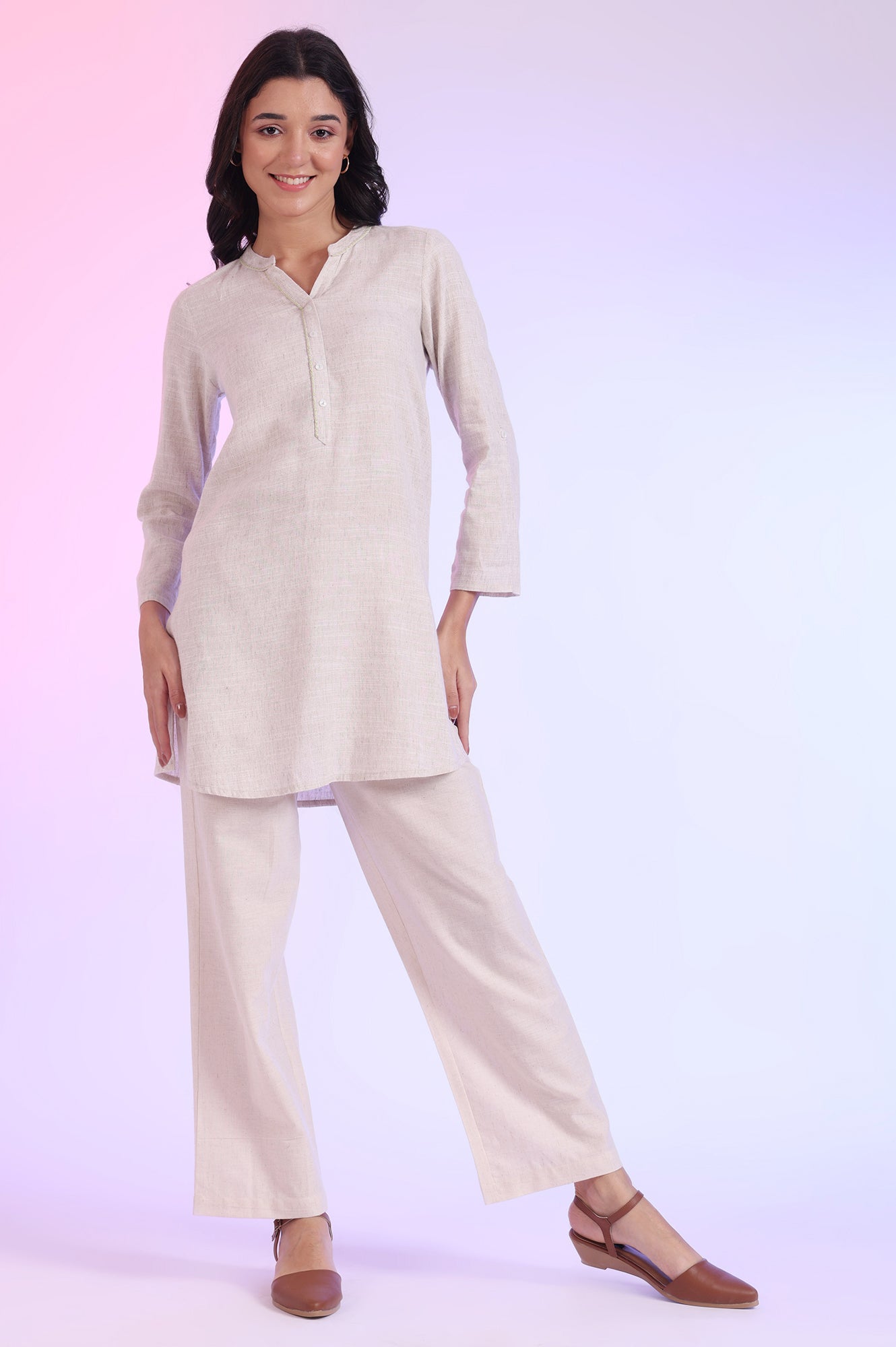 Off White Solid Straight Kurti