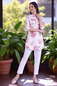 White Printed Straight Cotton Blend Kurti