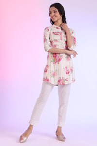 White Printed Straight Cotton Blend Kurti