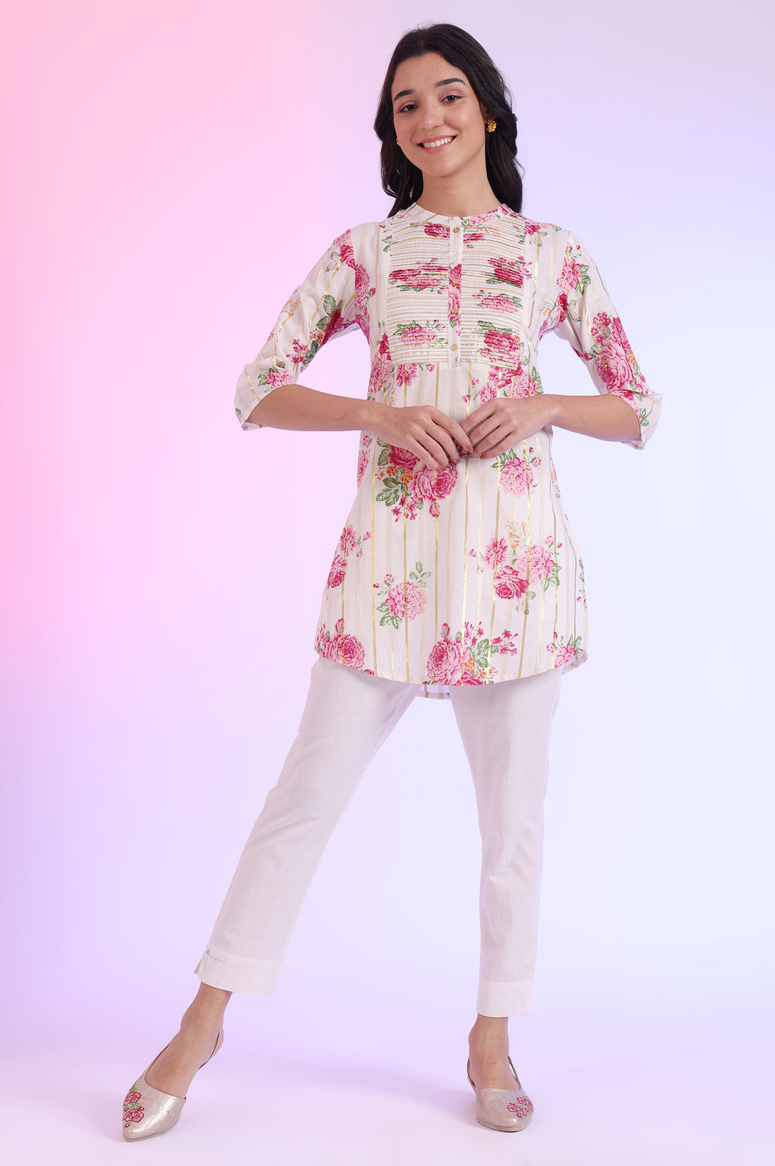 White Printed Straight Cotton Blend Kurti