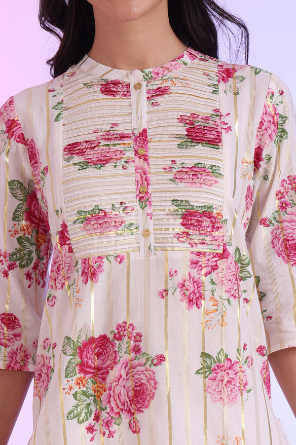 White Printed Straight Cotton Blend Kurti