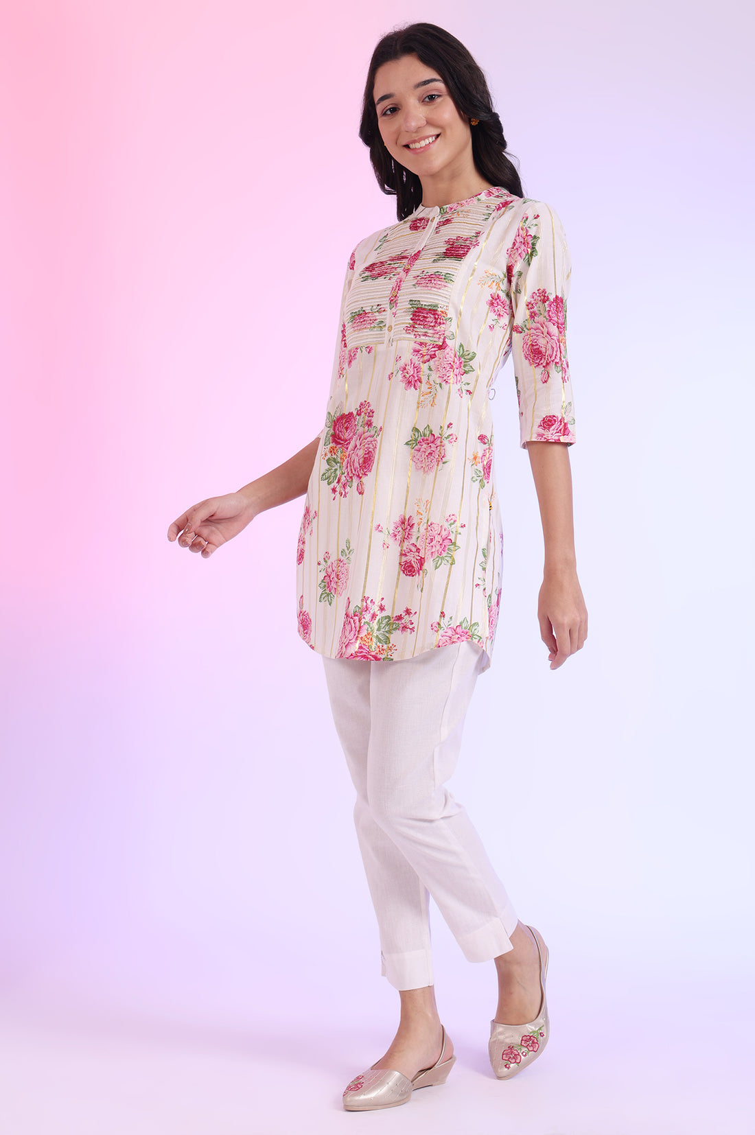 White Printed Straight Cotton Blend Kurti