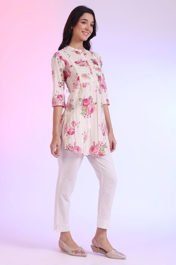 White Printed Straight Cotton Blend Kurti