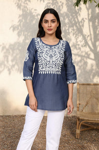 Blue Floral Embroidered Straight Lyocell Kurti