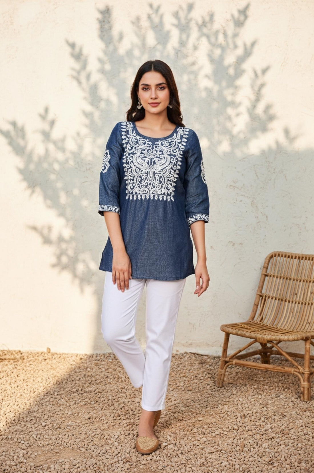 Blue Floral Embroidered Straight Lyocell Kurti