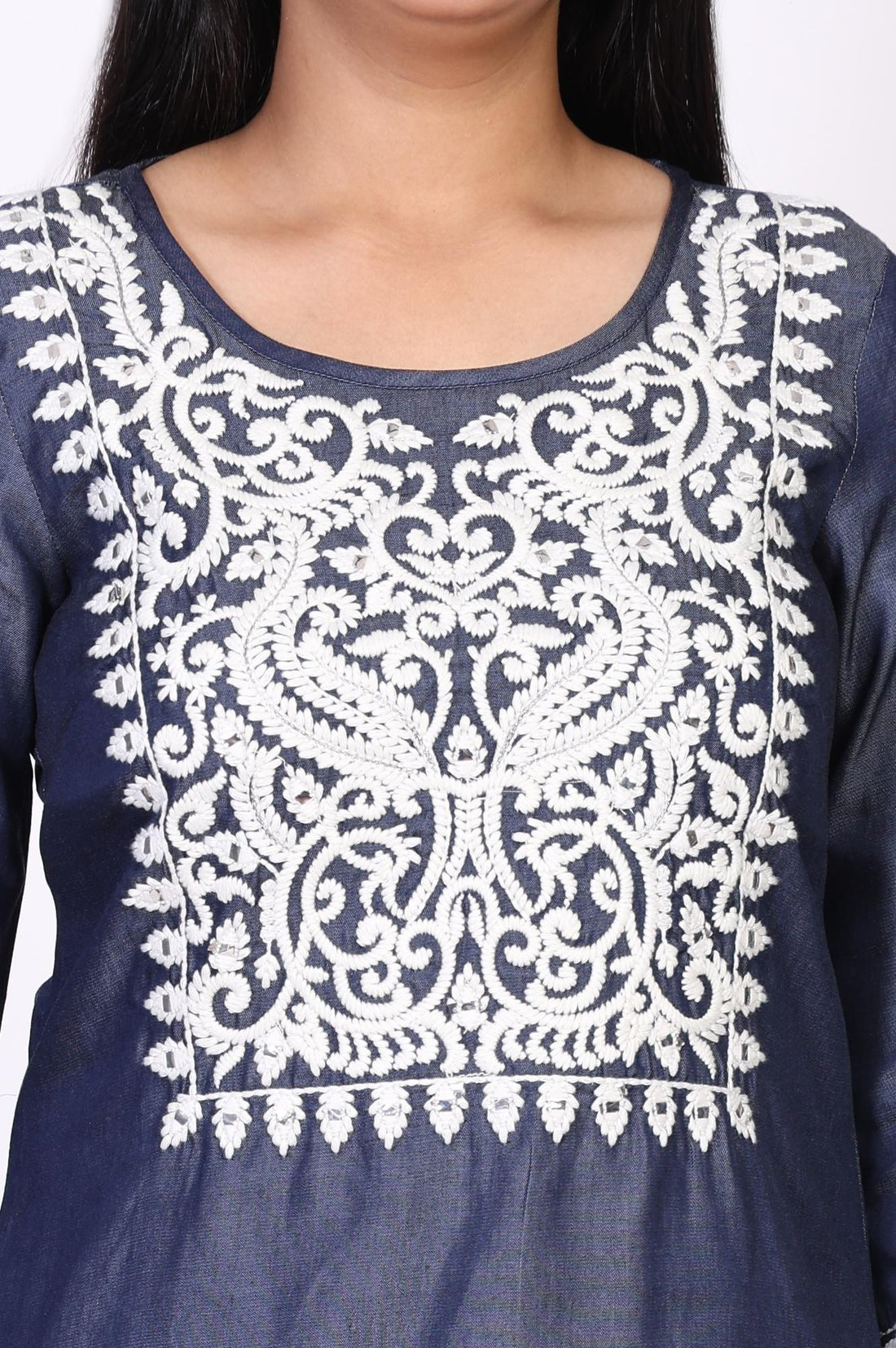 Blue Floral Embroidered Straight Lyocell Kurti