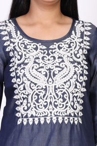 Blue Floral Embroidered Straight Lyocell Kurti
