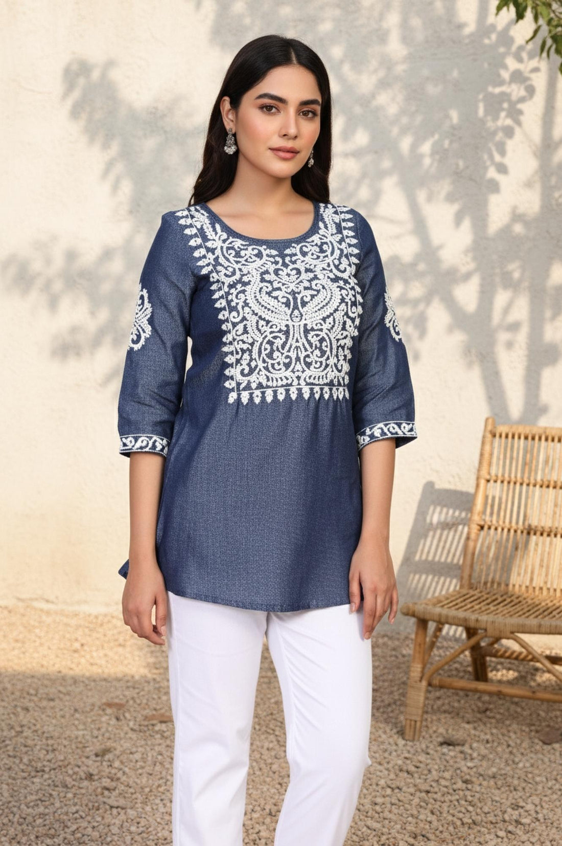 Blue Floral Embroidered Straight Lyocell Kurti