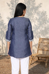Blue Floral Embroidered Straight Lyocell Kurti