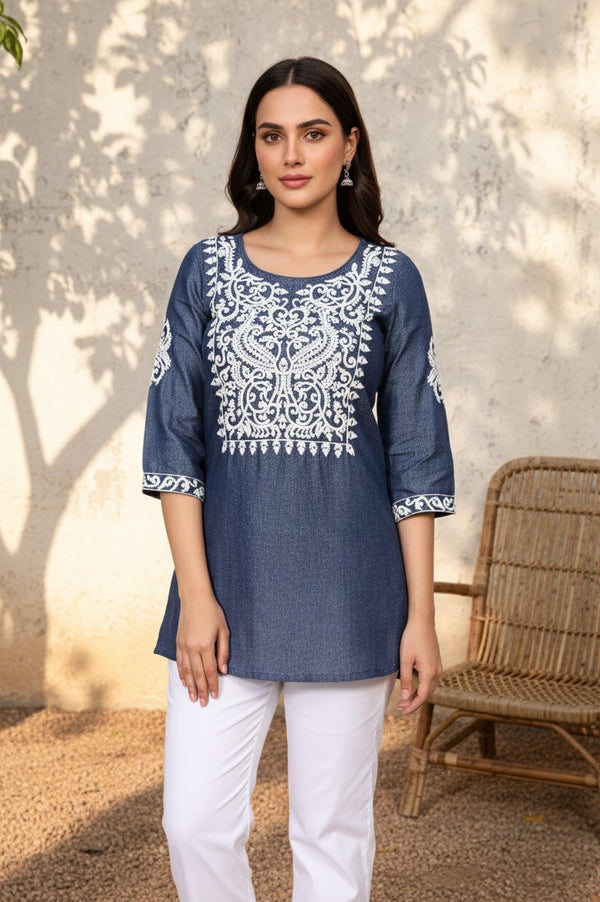 Blue Floral Embroidered Straight Lyocell Kurti