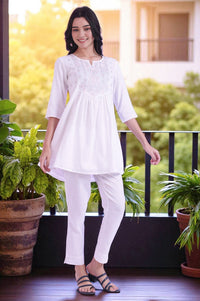 White Solid Straight Cotton Blend Kurti