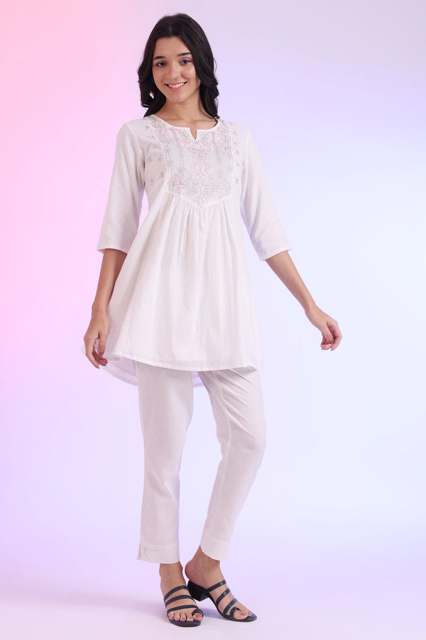 White Solid Straight Cotton Blend Kurti