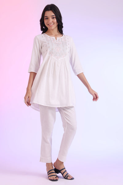 White Solid Straight Cotton Blend Kurti