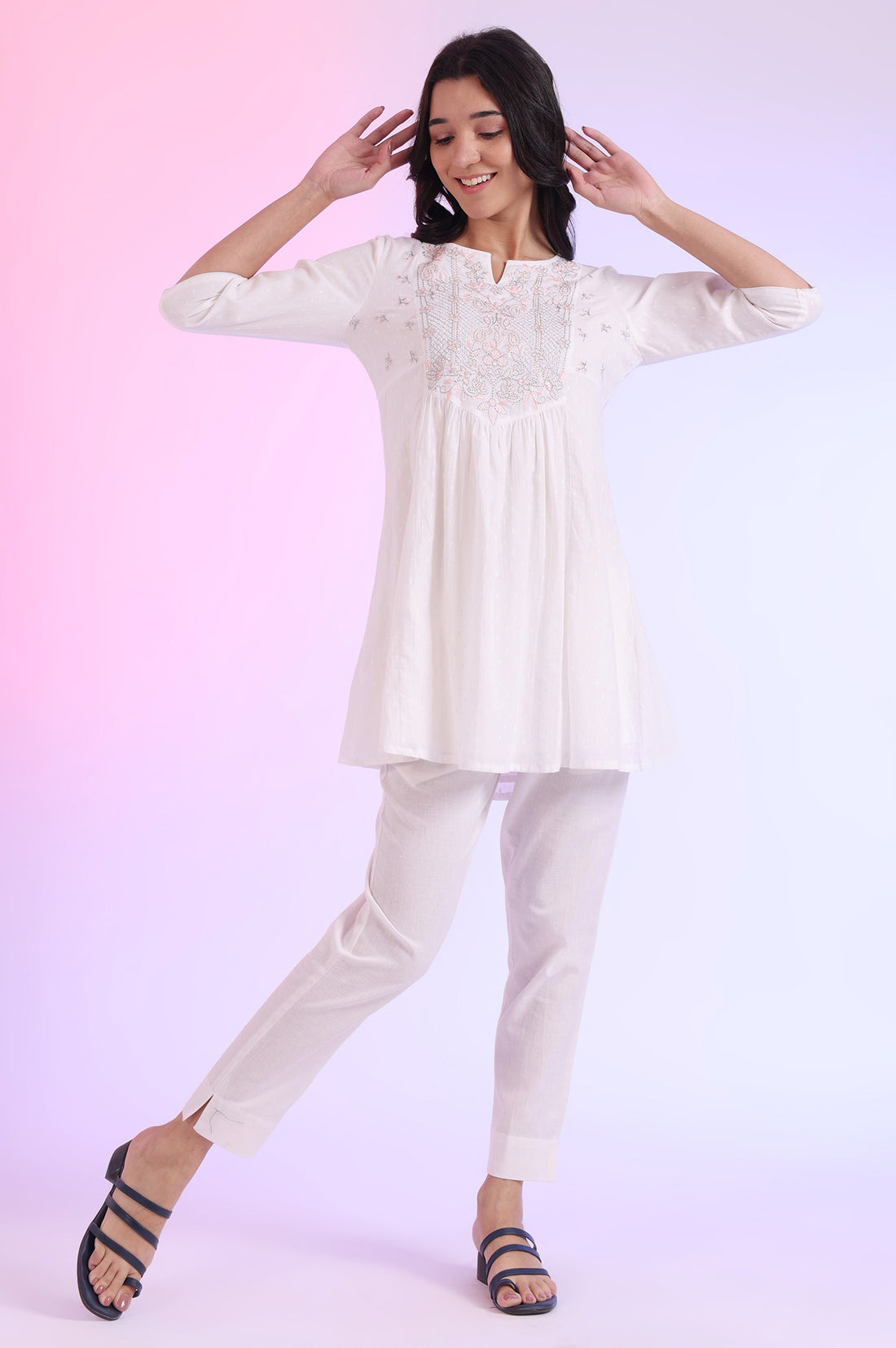 White Solid Straight Cotton Blend Kurti
