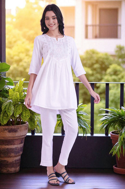 White Solid Straight Cotton Blend Kurti