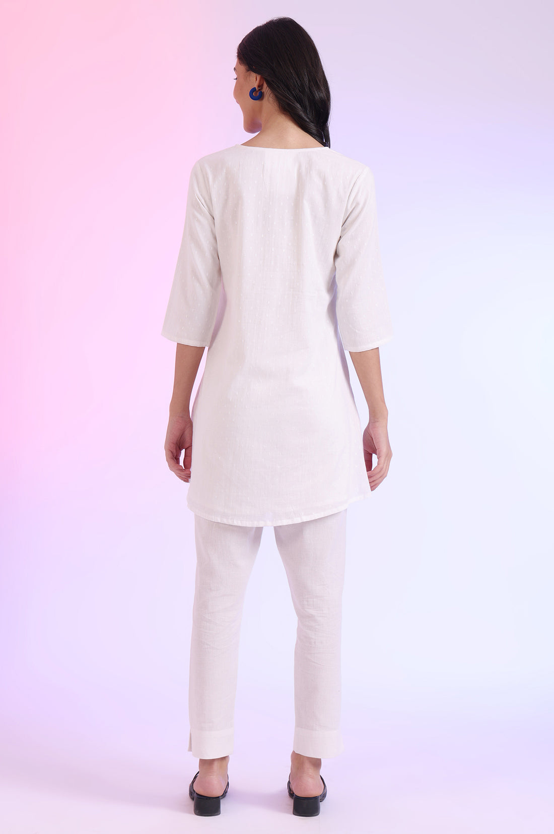 White Solid Straight Cotton Blend Kurti