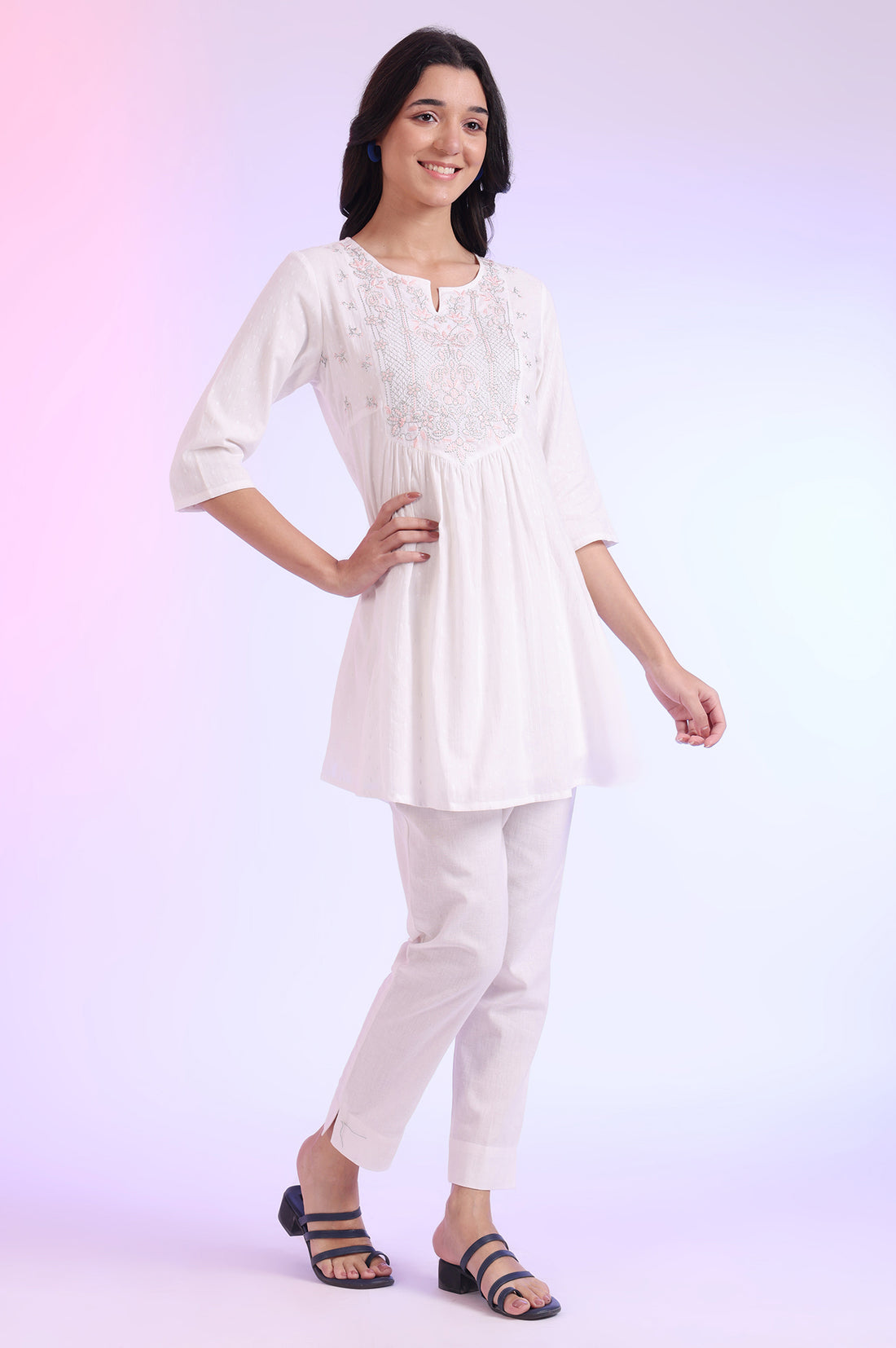 White Solid Straight Cotton Blend Kurti