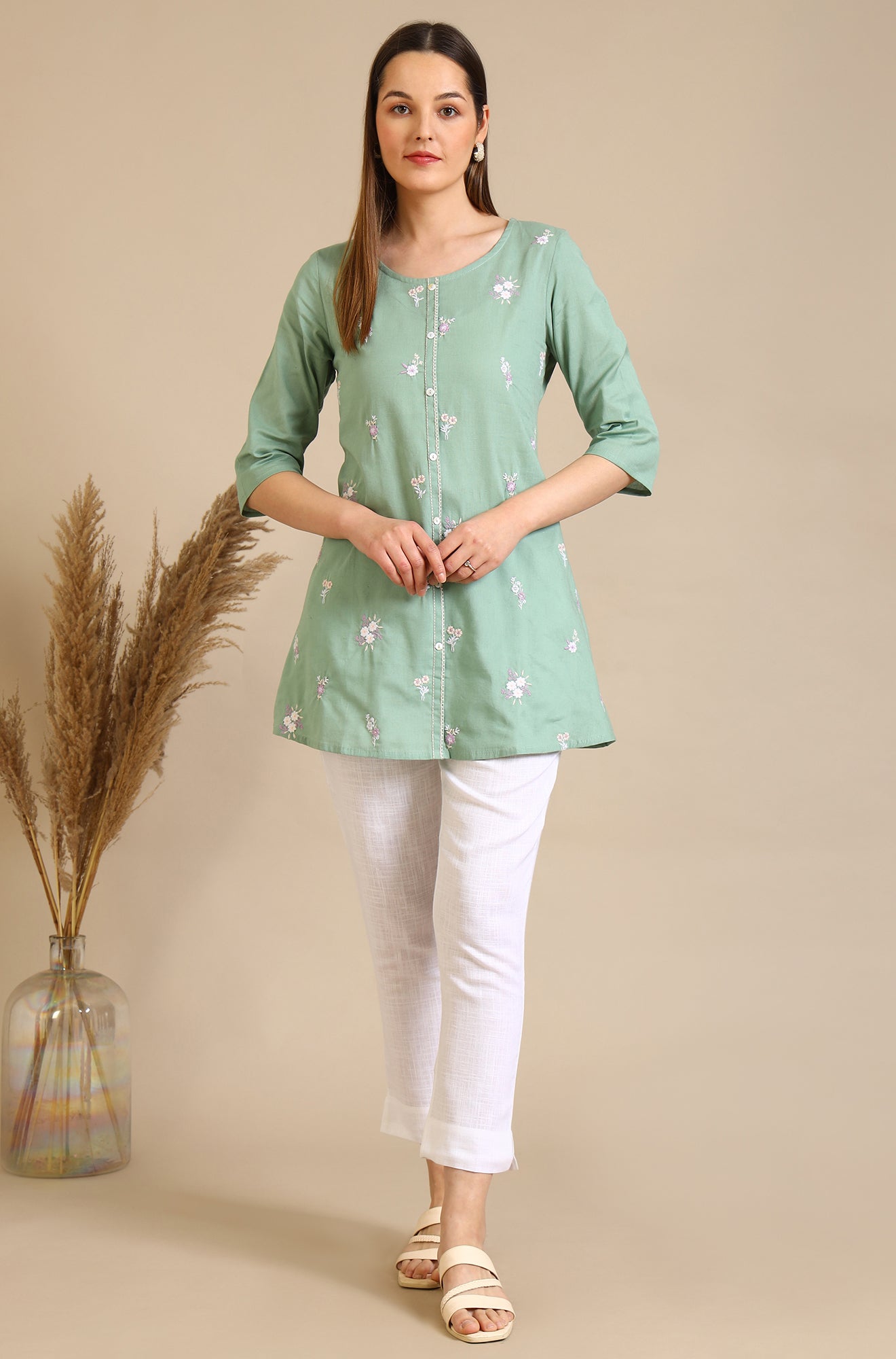 Mint Green Thread Embroidered Cotton Flax Short Kurti