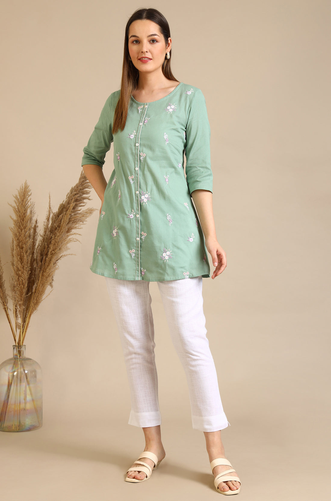 Green Solid Straight Cotton Blend Kurti