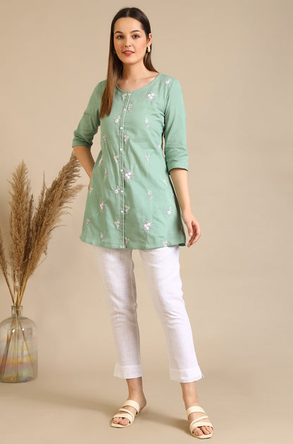 Mint Green Thread Embroidered Cotton Flax Short Kurti