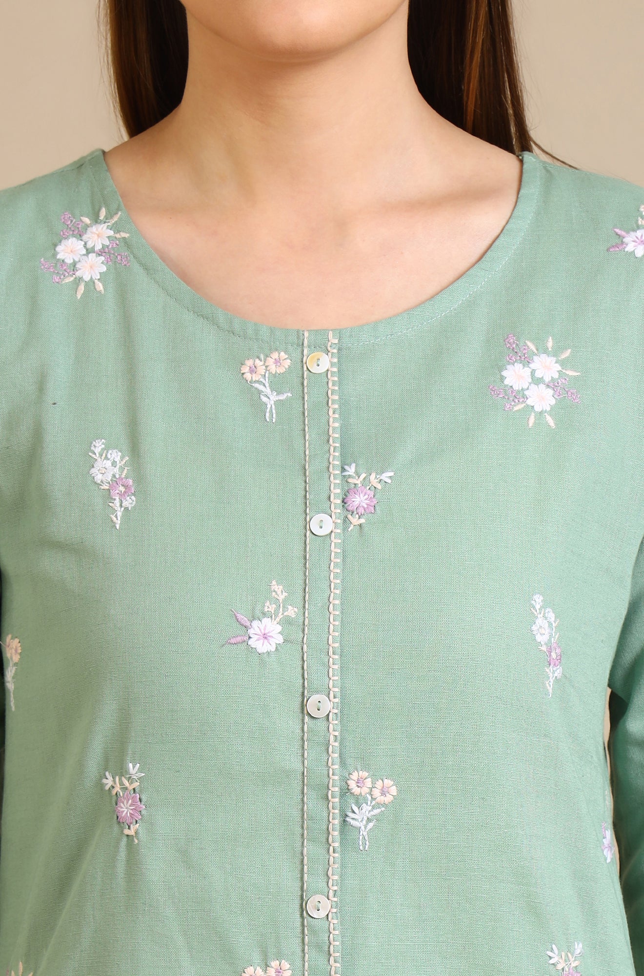 Mint Green Thread Embroidered Cotton Flax Short Kurti