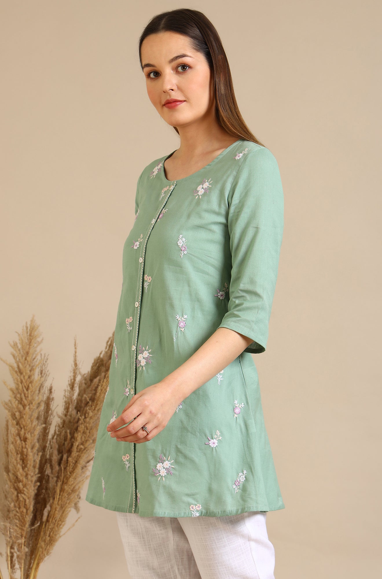 Mint Green Thread Embroidered Cotton Flax Short Kurti