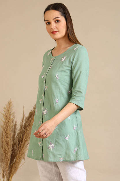 Mint Green Thread Embroidered Cotton Flax Short Kurti