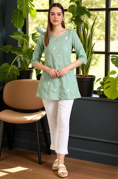 Green Solid Straight Cotton Blend Kurti