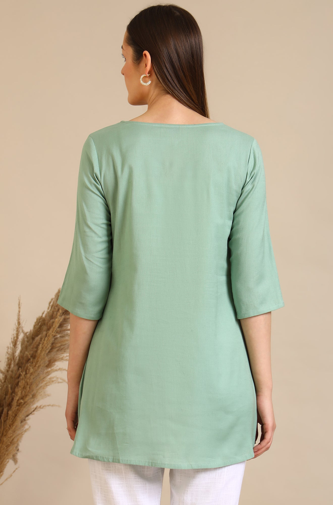 Mint Green Thread Embroidered Cotton Flax Short Kurti