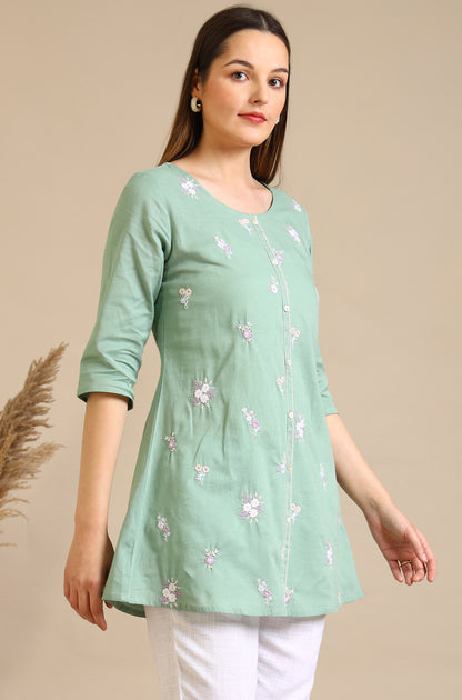 Mint Green Thread Embroidered Cotton Flax Short Kurti