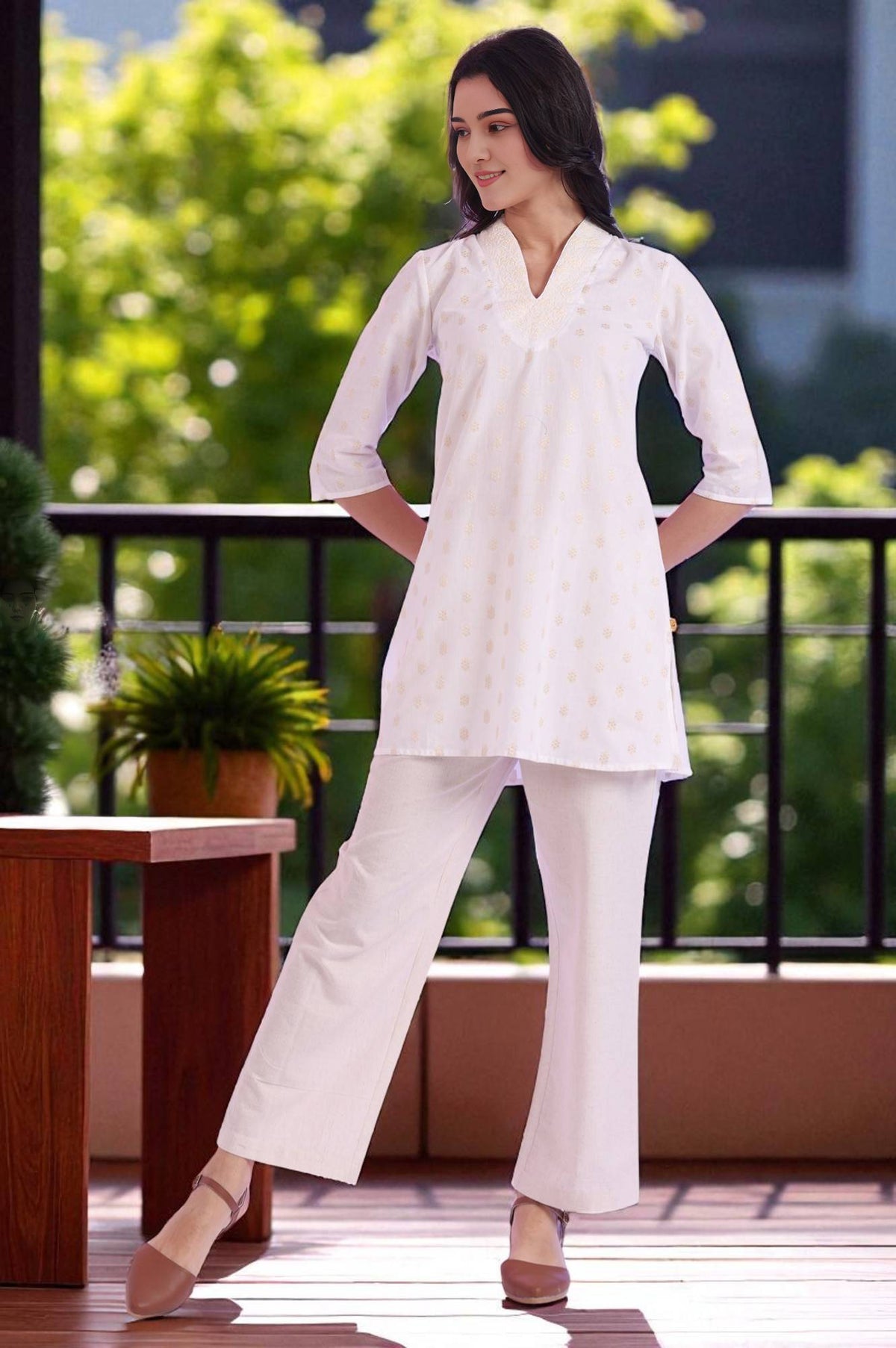Beige Yarn Dyed Straight Cotton Blend Kurti - XS