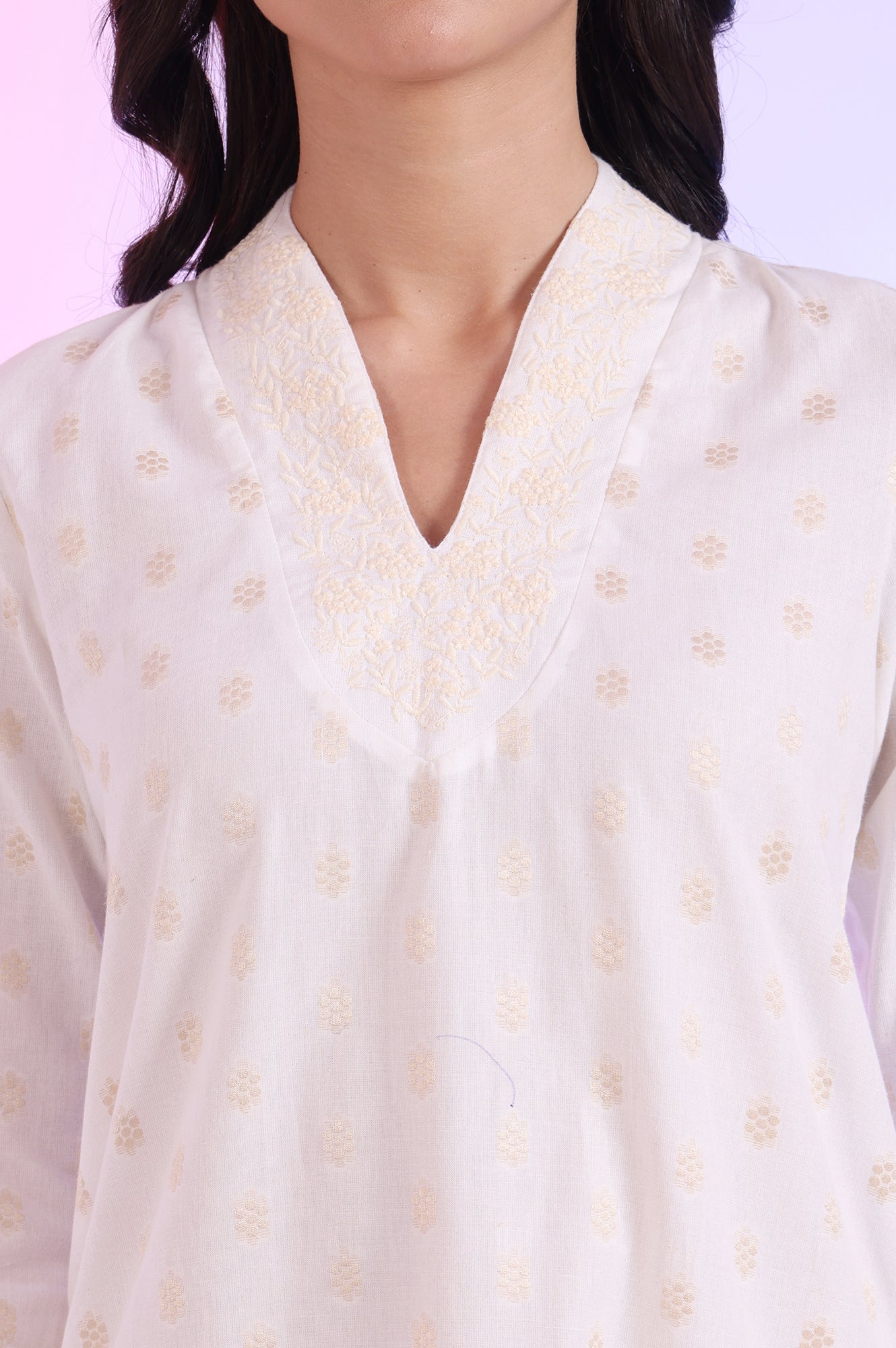 Beige Yarn Dyed Straight Cotton Blend Kurti