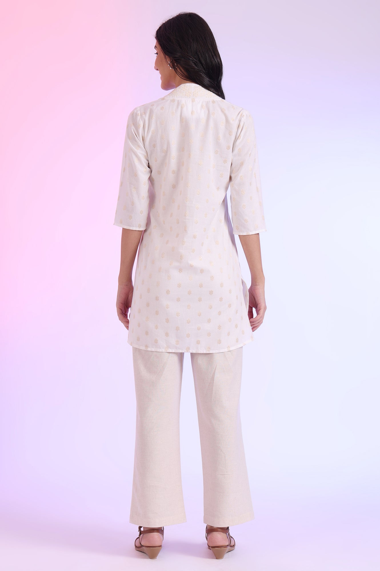 Beige Yarn Dyed Straight Cotton Blend Kurti