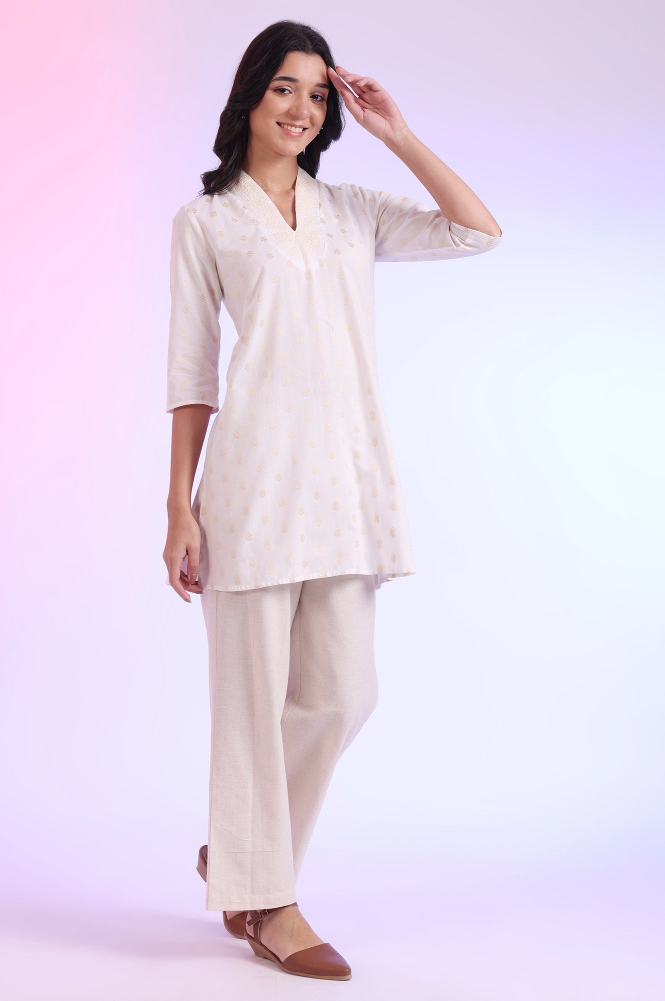 Beige Yarn Dyed Straight Cotton Blend Kurti