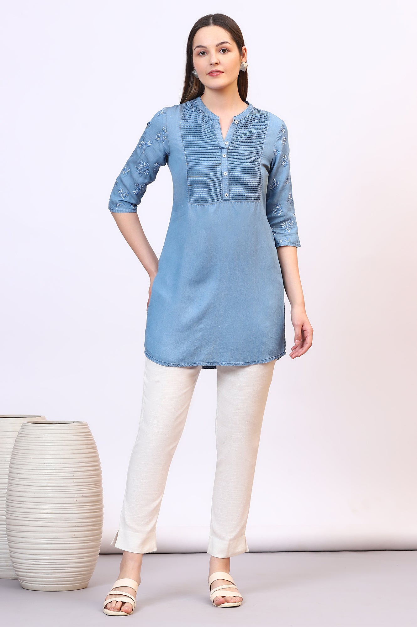 Light Blue Denim Kurti with Pintuck Details