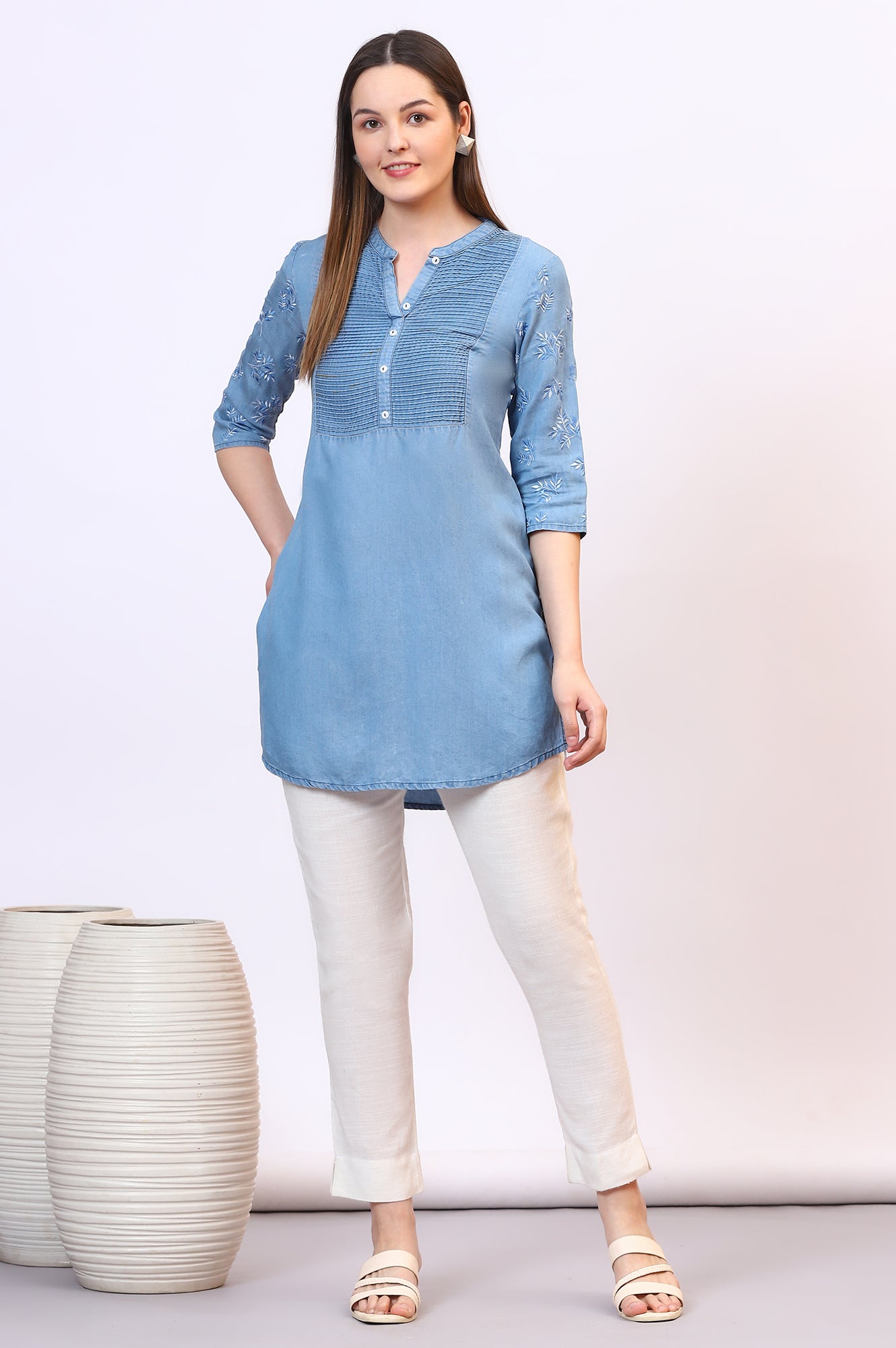 Light Blue Denim Kurti with Pintuck Details