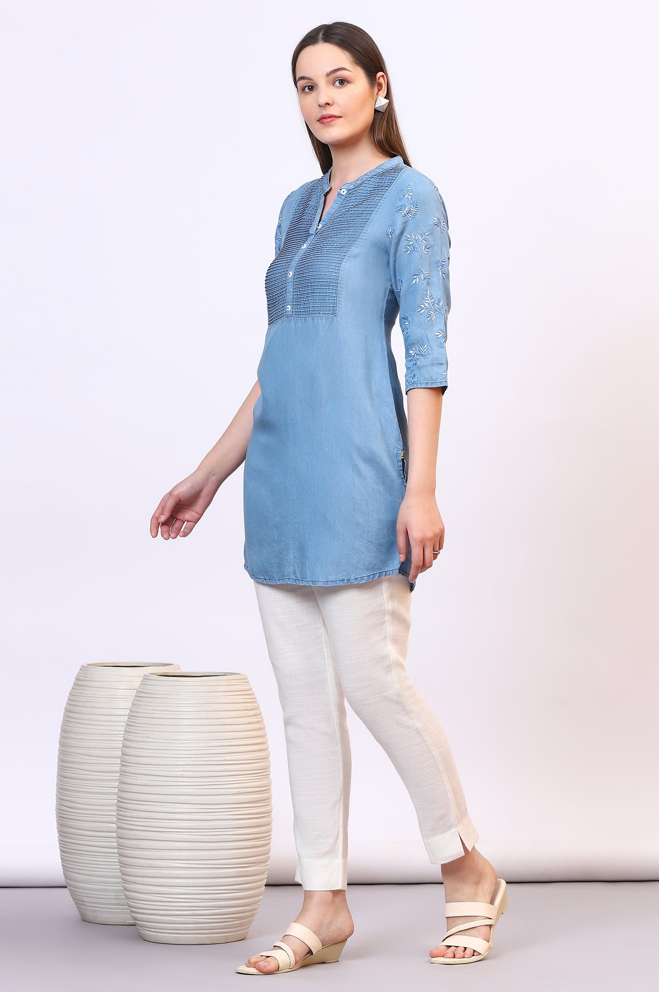 Light Blue Denim Kurti with Pintuck Details