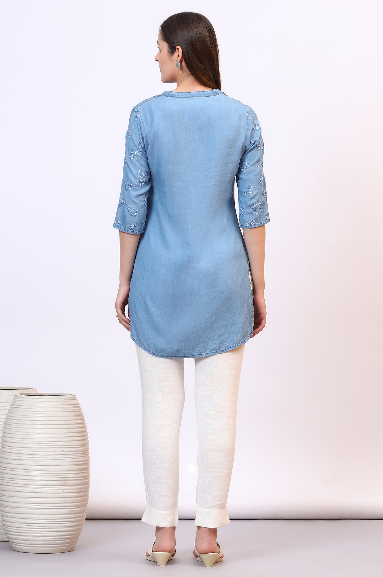 Light Blue Denim Kurti with Pintuck Details