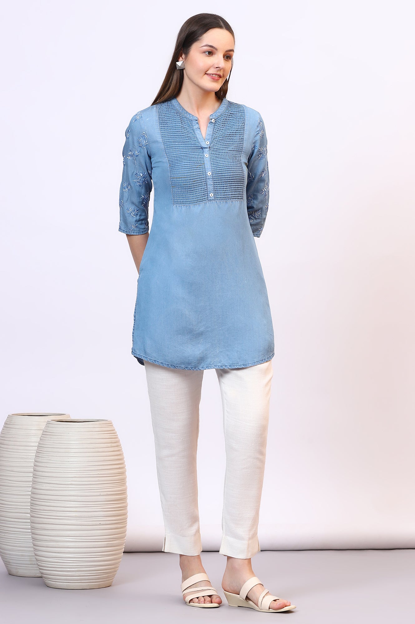 Light Blue Denim Kurti with Pintuck Details