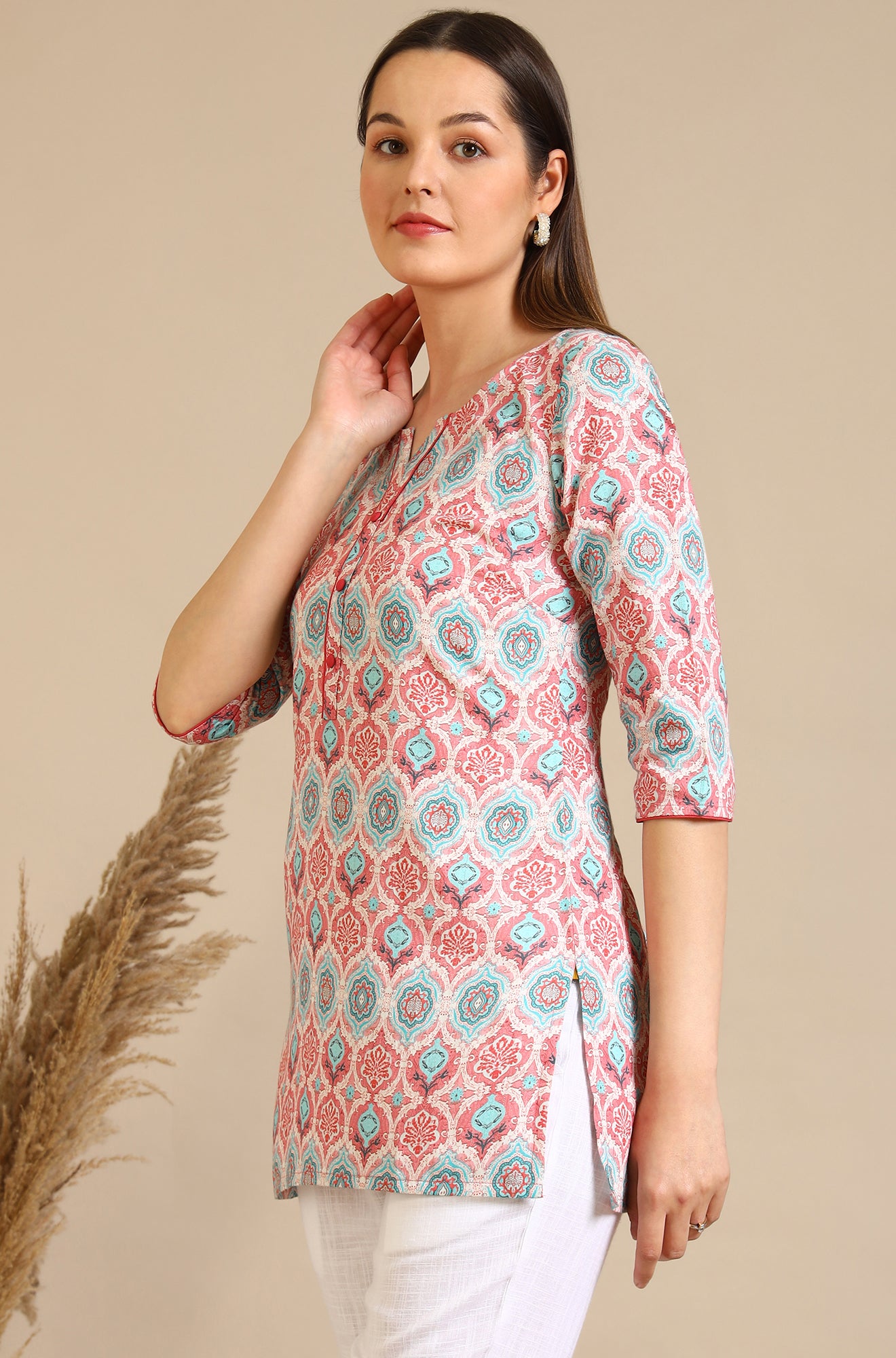 Pink Abstract Printed Pure Cotton Straight Kurta