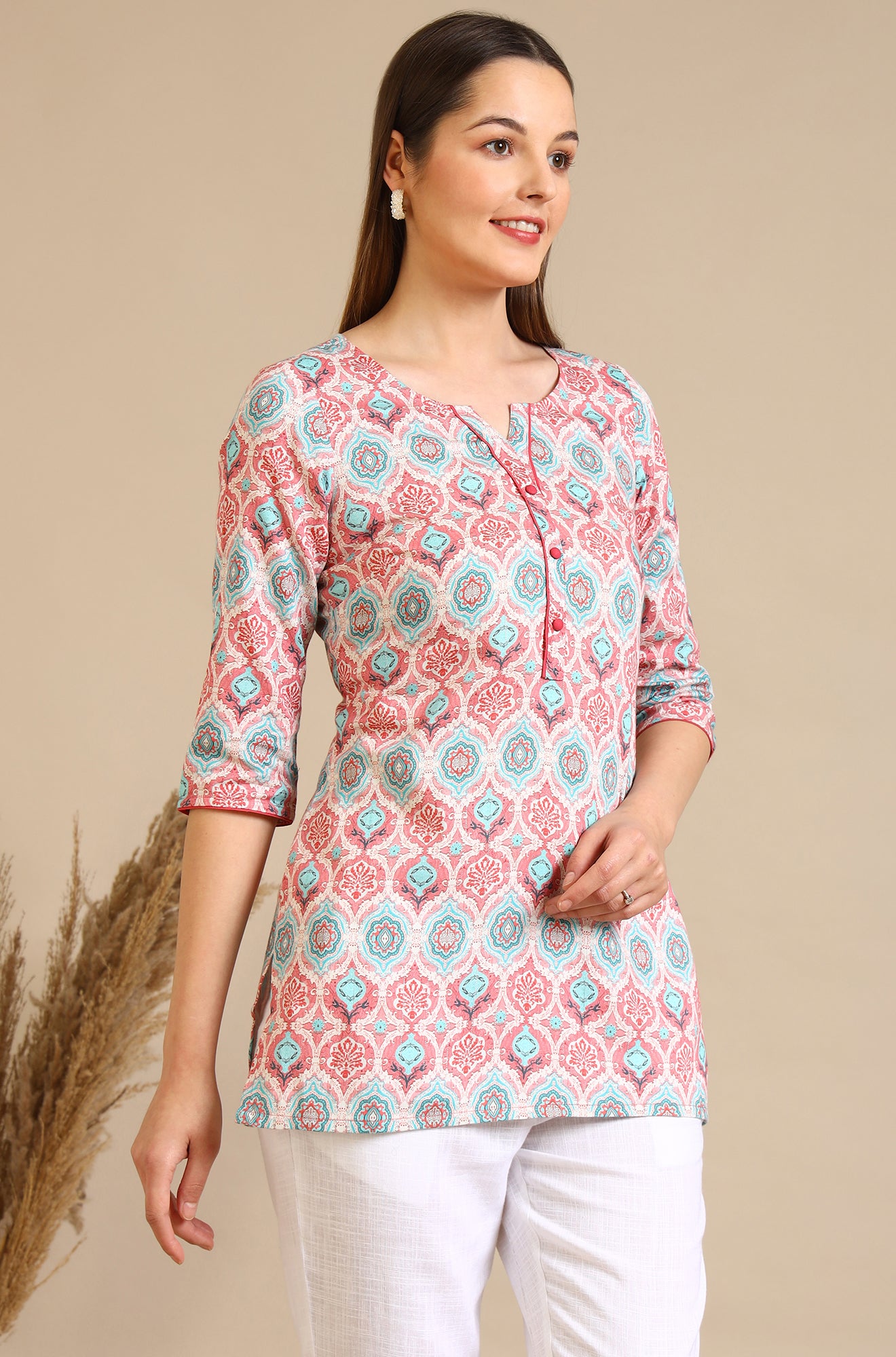 Pink Abstract Printed Pure Cotton Straight Kurta